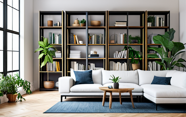 Minimalist Home Organization**

"A clean, bright living room with minimal furniture and storage, featuring neatly organized shelves with books and plants, fully clothed individuals peacefully enjoying the space, safe for work, appropriate content, modest, professional photography, perfect anatomy, natural proportions, well-lit, family-friendly."

**