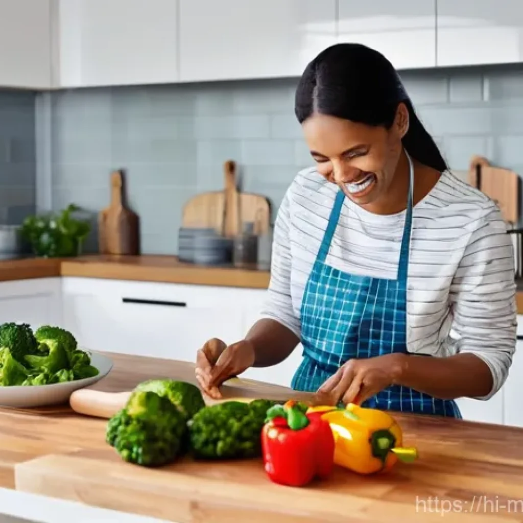 미니멀라이프 음식 준비 - **Prompt:** A cheerful woman in her late 30s, dressed in comfortable, modest clothing, stands in a b...