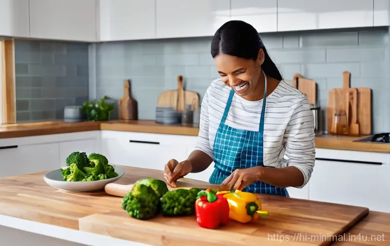 미니멀라이프 음식 준비 - **Prompt:** A cheerful woman in her late 30s, dressed in comfortable, modest clothing, stands in a b...