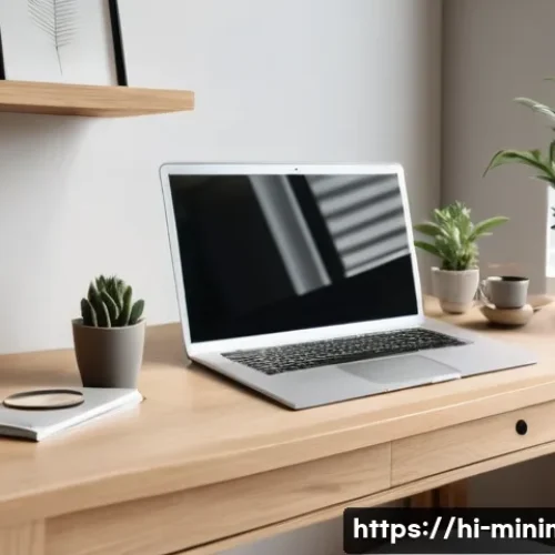 미니멀라이프 생산성 향상 - A serene minimalist home office setup bathed in natural light, featuring a clean wooden desk with on...