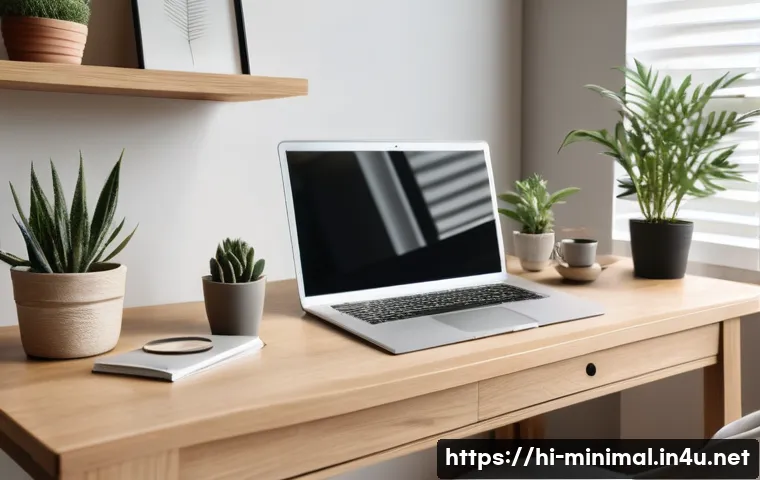 미니멀라이프 생산성 향상 - A serene minimalist home office setup bathed in natural light, featuring a clean wooden desk with on...