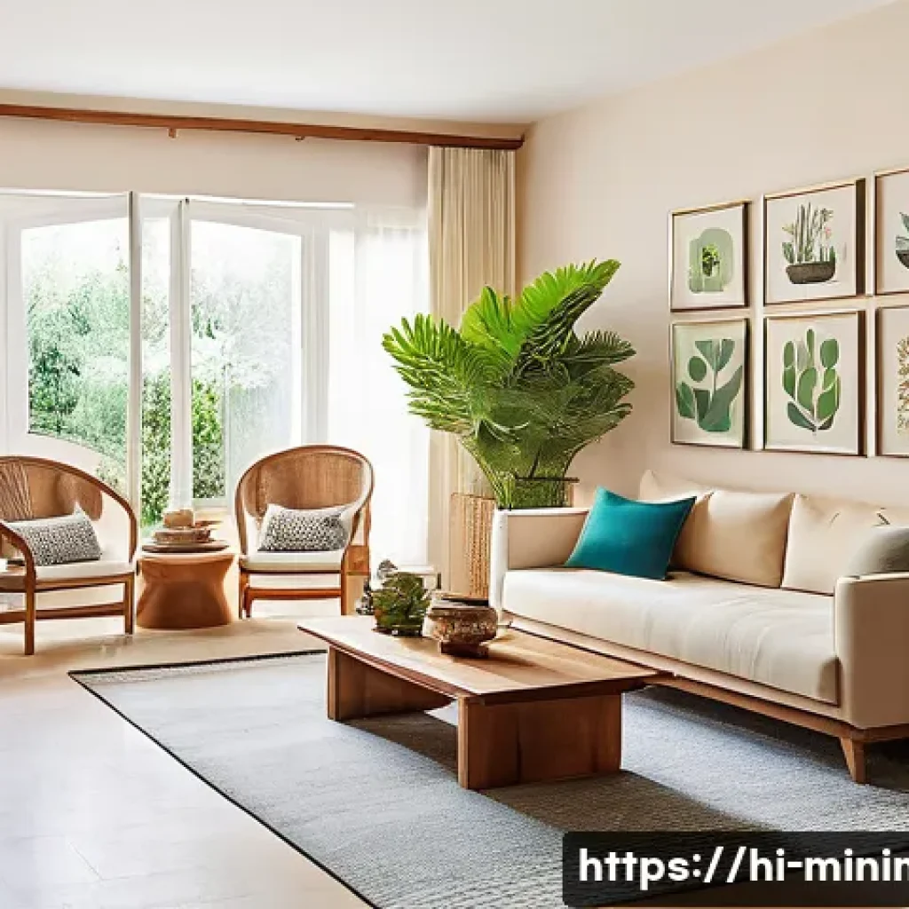 미니멀라이프 집 꾸미기 - A bright and airy minimalist living room inspired by Indian Hindi culture, featuring natural light f...