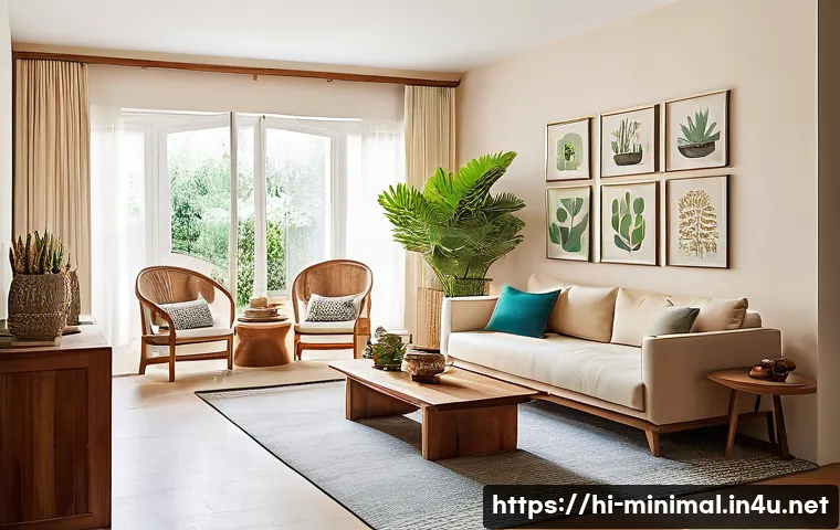 미니멀라이프 집 꾸미기 - A bright and airy minimalist living room inspired by Indian Hindi culture, featuring natural light f...