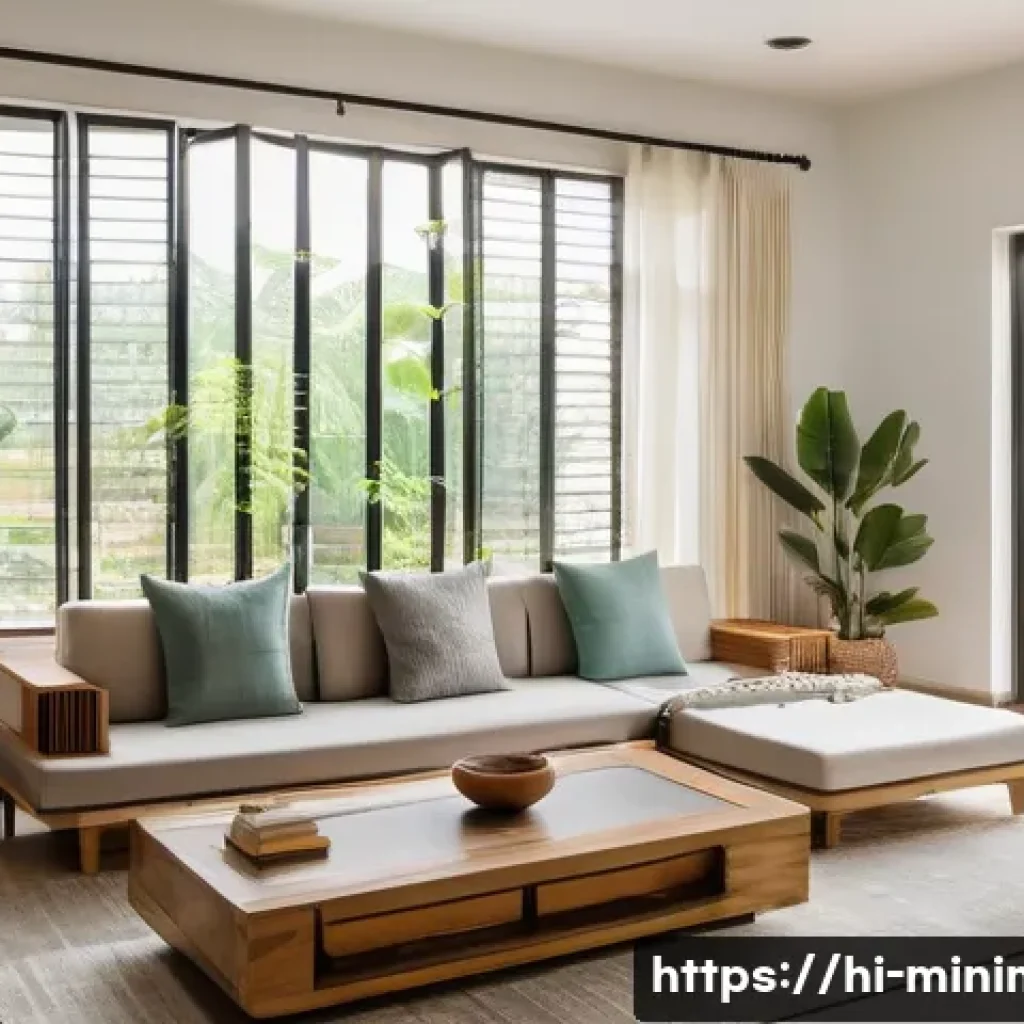 미니멀라이프 불필요한 물건 줄이기 - A serene and spacious modern Indian home interior emphasizing minimalism: clean white walls with sub...