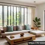 Home 22 미니멀라이프 불필요한 물건 줄이기 - A serene and spacious modern Indian home interior emphasizing minimalism: clean white walls with sub...
