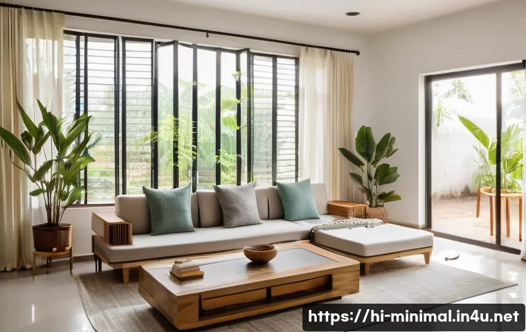미니멀라이프 불필요한 물건 줄이기 - A serene and spacious modern Indian home interior emphasizing minimalism: clean white walls with sub...