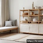 Home 21 미니멀라이프 공간 정리 아이템 - A minimalist living room scene showcasing smart storage solutions: fabric and bamboo containers neat...