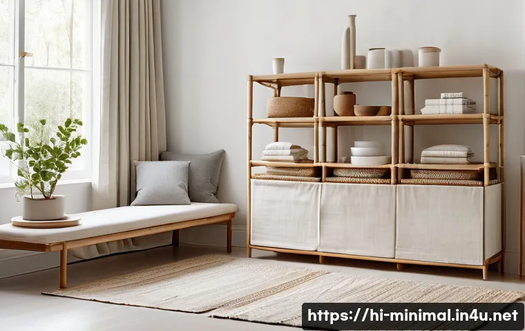 미니멀라이프 공간 정리 아이템 - A minimalist living room scene showcasing smart storage solutions: fabric and bamboo containers neat...