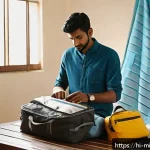 Home 20 미니멀라이프 외출할 때 미니멀한 준비 - A detailed scene of a young Indian man packing a lightweight travel bag in a bright, cozy room with ...