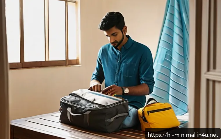 미니멀라이프 외출할 때 미니멀한 준비 - A detailed scene of a young Indian man packing a lightweight travel bag in a bright, cozy room with ...