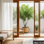 Home 19 미니멀라이프 고립된 생활 - A serene minimalist living room bathed in natural sunlight, featuring clean white walls, simple wood...