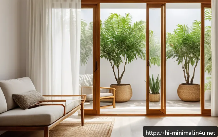 미니멀라이프 고립된 생활 - A serene minimalist living room bathed in natural sunlight, featuring clean white walls, simple wood...