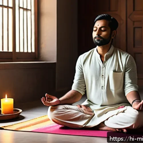 Home 30 미니멀라이프 신속한 결정을 위한 방법 - A serene and focused Indian man practicing meditation in a minimalistic, sunlit room adorned with su...