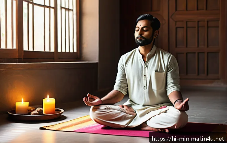 미니멀라이프 신속한 결정을 위한 방법 - A serene and focused Indian man practicing meditation in a minimalistic, sunlit room adorned with su...