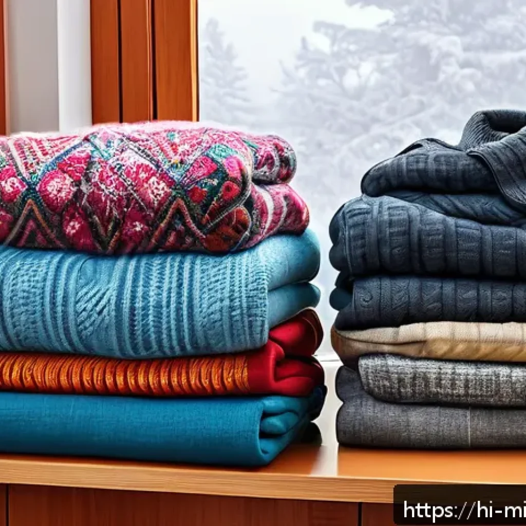 미니멀라이프 시즌별 정리법 - A cozy winter storage scene showing neatly folded heavy sweaters, woolen hats, and jackets placed in...