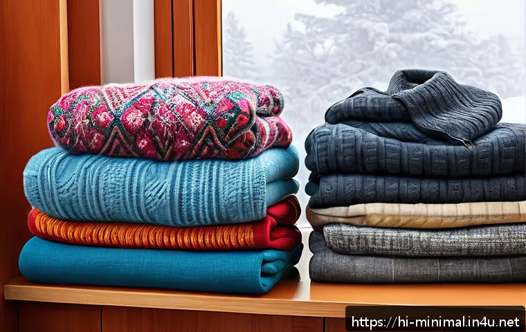 미니멀라이프 시즌별 정리법 - A cozy winter storage scene showing neatly folded heavy sweaters, woolen hats, and jackets placed in...